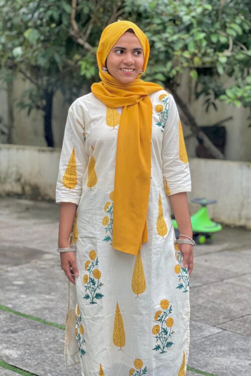 White and yellow cotton long kurta