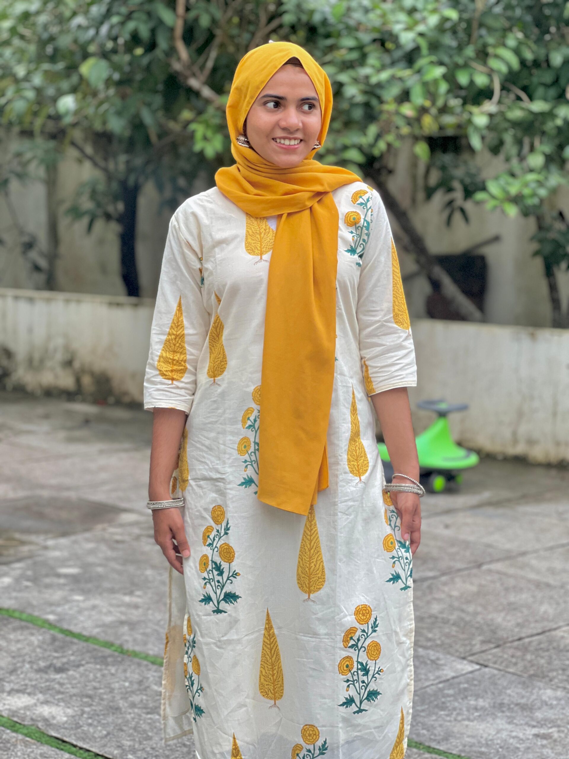 White and yellow cotton long kurta