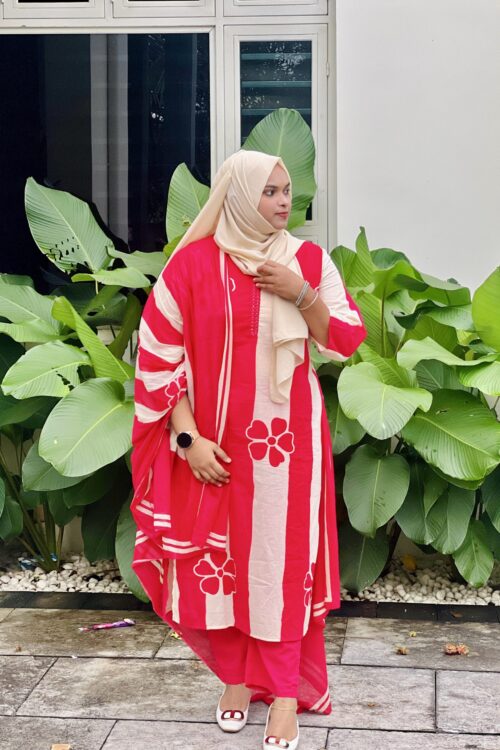 Red & Beige Cotton Churidar – 3 Piece Set