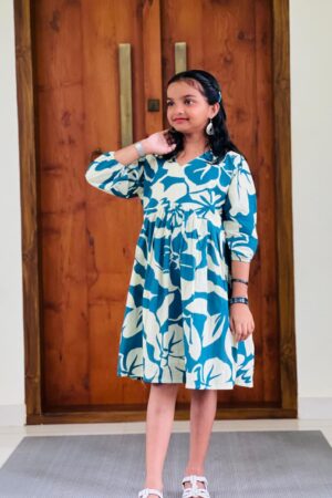 Light Beige & Teal Blue Cotton Short Kurti