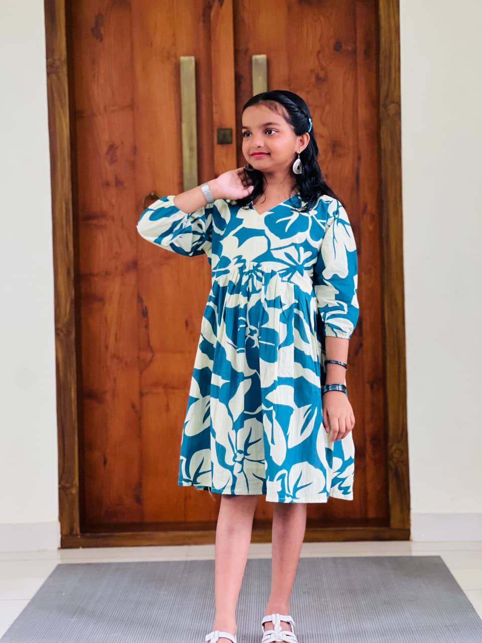 Light Beige & Teal Blue Cotton Short Kurti