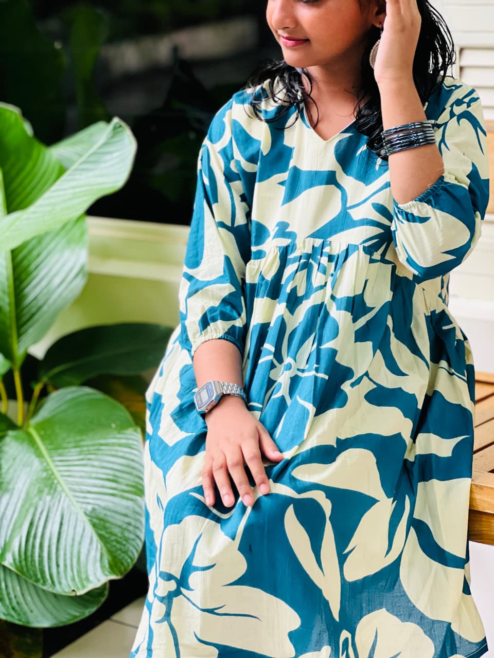 Light Beige & Teal Blue Cotton Short Kurti - Image 3