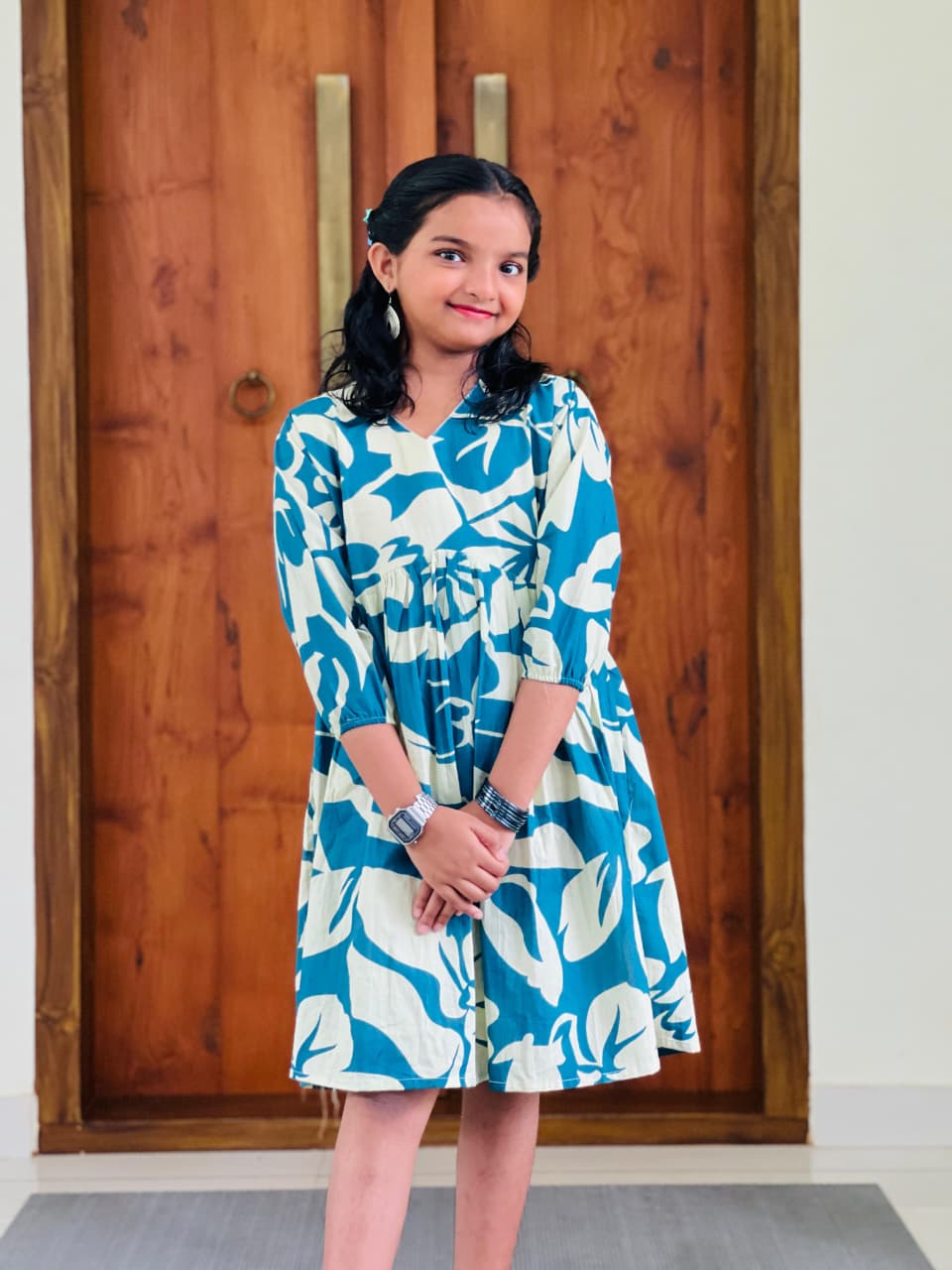 Light Beige & Teal Blue Cotton Short Kurti - Image 4