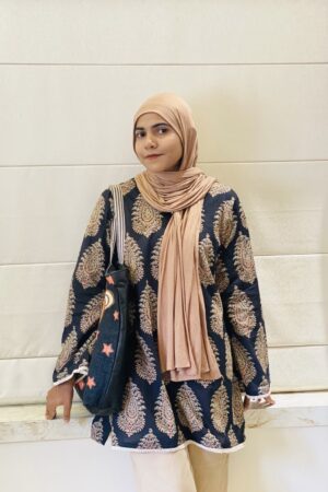 Black Paisley Printed Cotton Kurti with Pearl Lace Detailing (Free size)