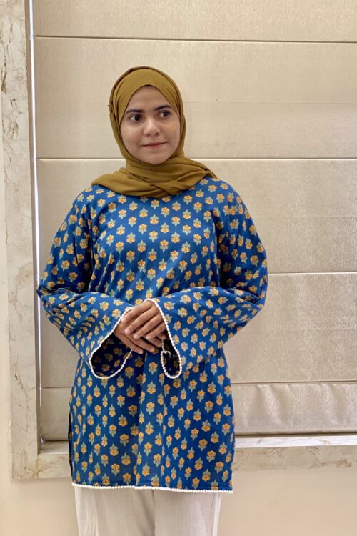 Blue Floral Printed Cotton Kurti with Bell Sleeves (Free Size)