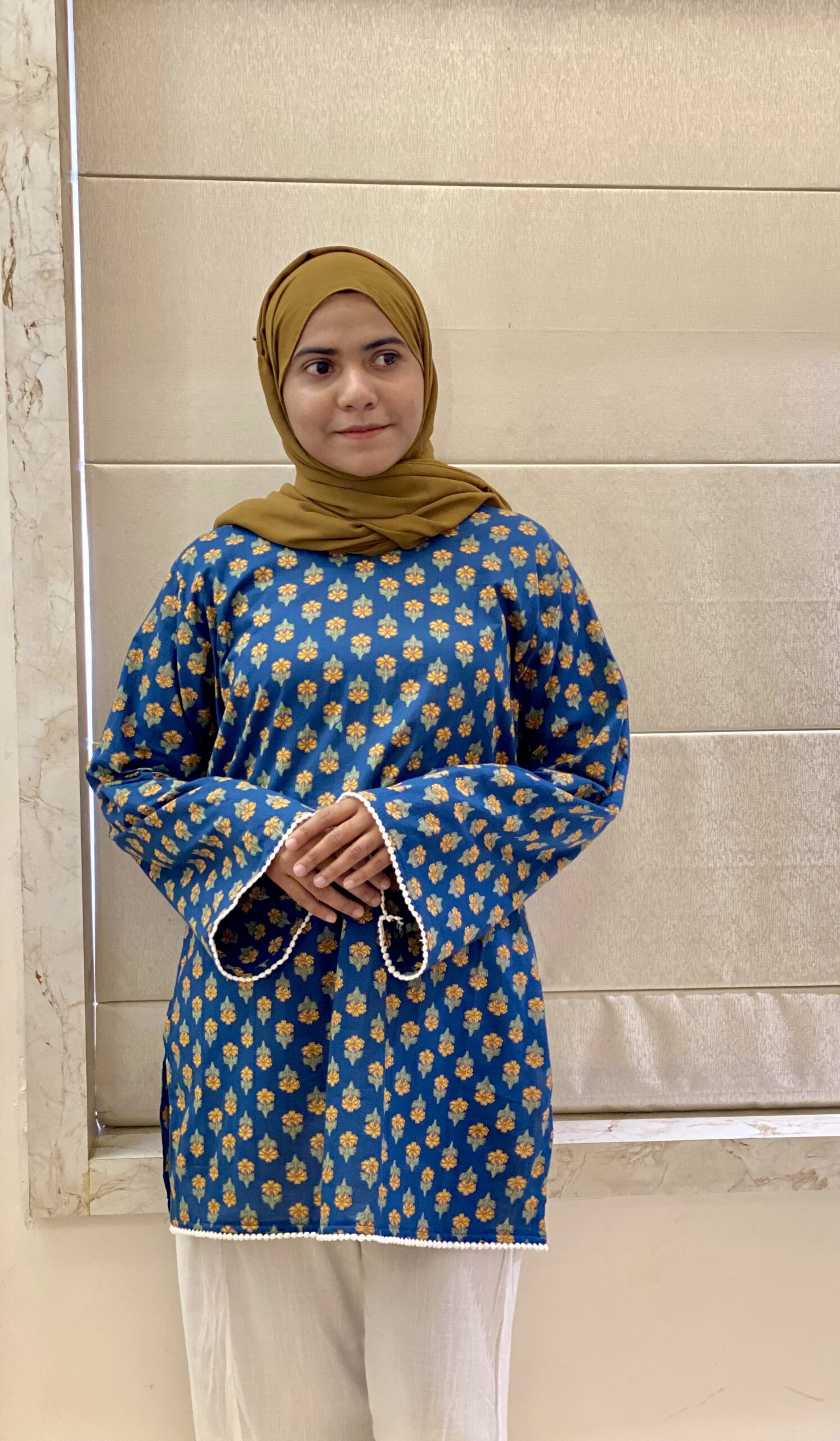 Blue Floral Printed Cotton Kurti with Bell Sleeves (Free Size)