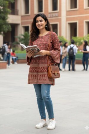 Red kurti with golden block prints(free size)