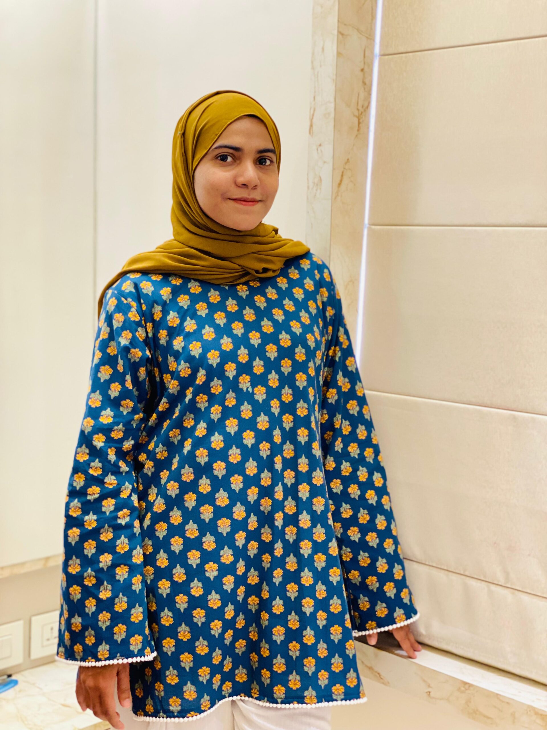 Blue Floral Printed Cotton Kurti with Bell Sleeves (Free Size) - Image 2